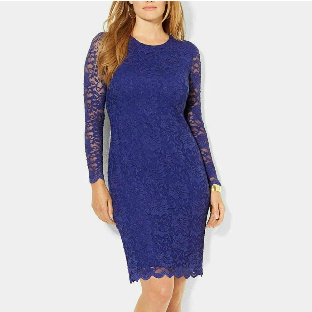 RALPH LAUREN Blue Stretch Floral Lace Sheath Scallop Trim Dress Size 10